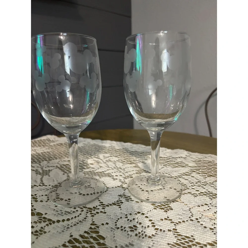 Disney Mickey Mouse Etched Wine Glass Set of 2 Clear Frosted Stemmed Glassware